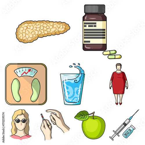A set of icons about diabetes mellitus. Symptoms and treatment of diabetes. Diabetes icon in set collection on cartoon style vector symbol stock illustration.