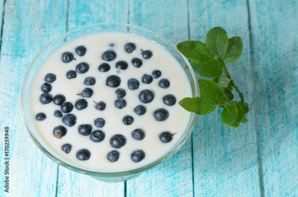 Twig with leaves and yogurt with blueberries in a glass container. Twig with leaves and yogurt with blueberries in a glass container.