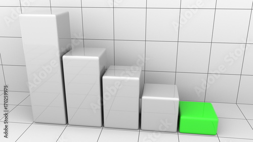 Abstract descending chart with green last bar. Business decline or crisis concepts. 3D rendering