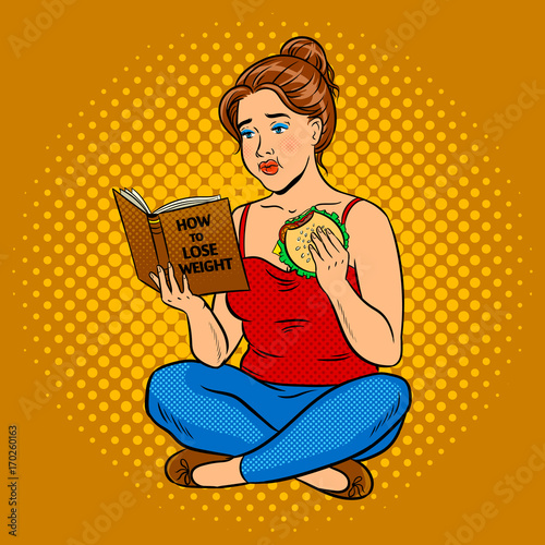 Fat girl try to lose weight pop art vector