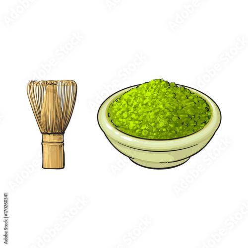 vector sketch cartoon hand drawn ceramic bowl of green mathca tea powder and bamboo whisk top view set. Isolated illustration on a white background. Traditional tea ceremony attribute, symbol