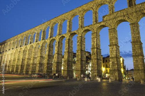 Aqueduct in Segovia at night.