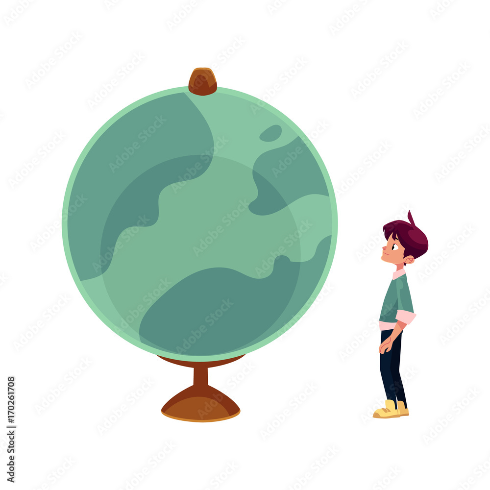 vector cartoon teenage man, curious schoolboy looking at big globe