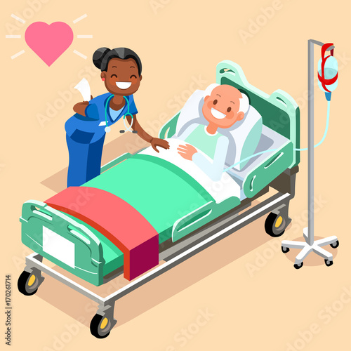 Black nurse or family doctor at male patient bed 3D flat people emotions in isometric cartoon style medical icon vector illustration