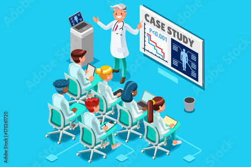 Clinic medical research trial isometric people meeting or doctor training health infograph 3D flat cartoon character vector illustration