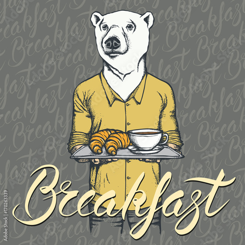 Vector Illustration of white bear with croissant and coffee
