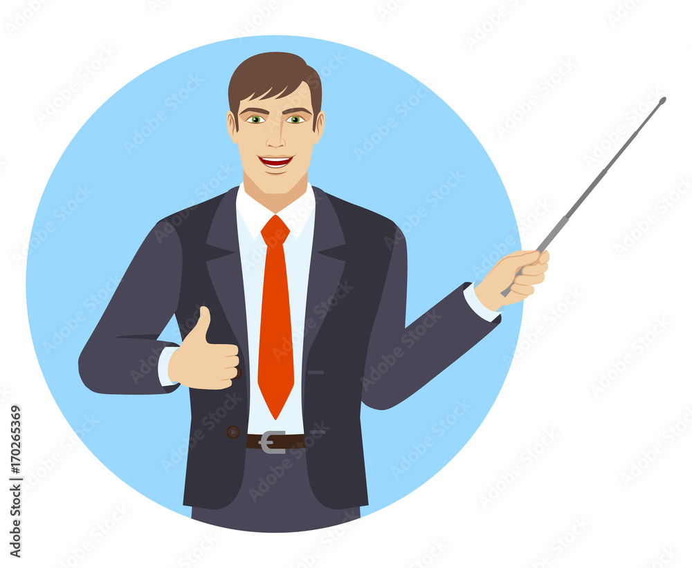 Businessman holding a pointer and showing thumb up Businessman holding a pointer and showing thumb up