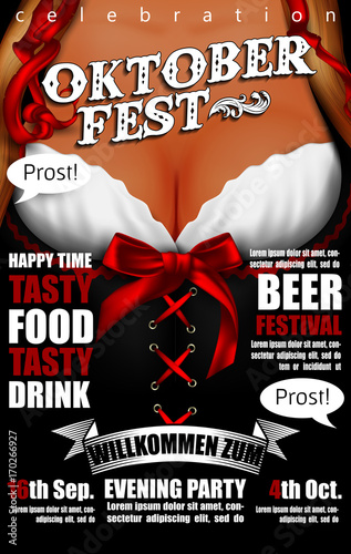Design poster with Oktoberfest waitress. Women's festive decollete, high detailed delicious illustration
