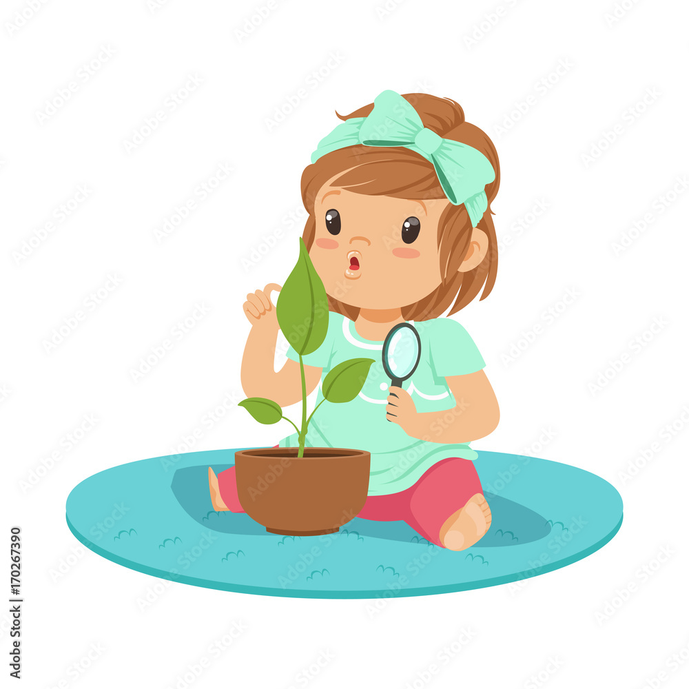 Sweet little girl sitting on the floor and examining a plant through a magnifying glass, lesson of botany in kindergarten cartoon vector Illustration