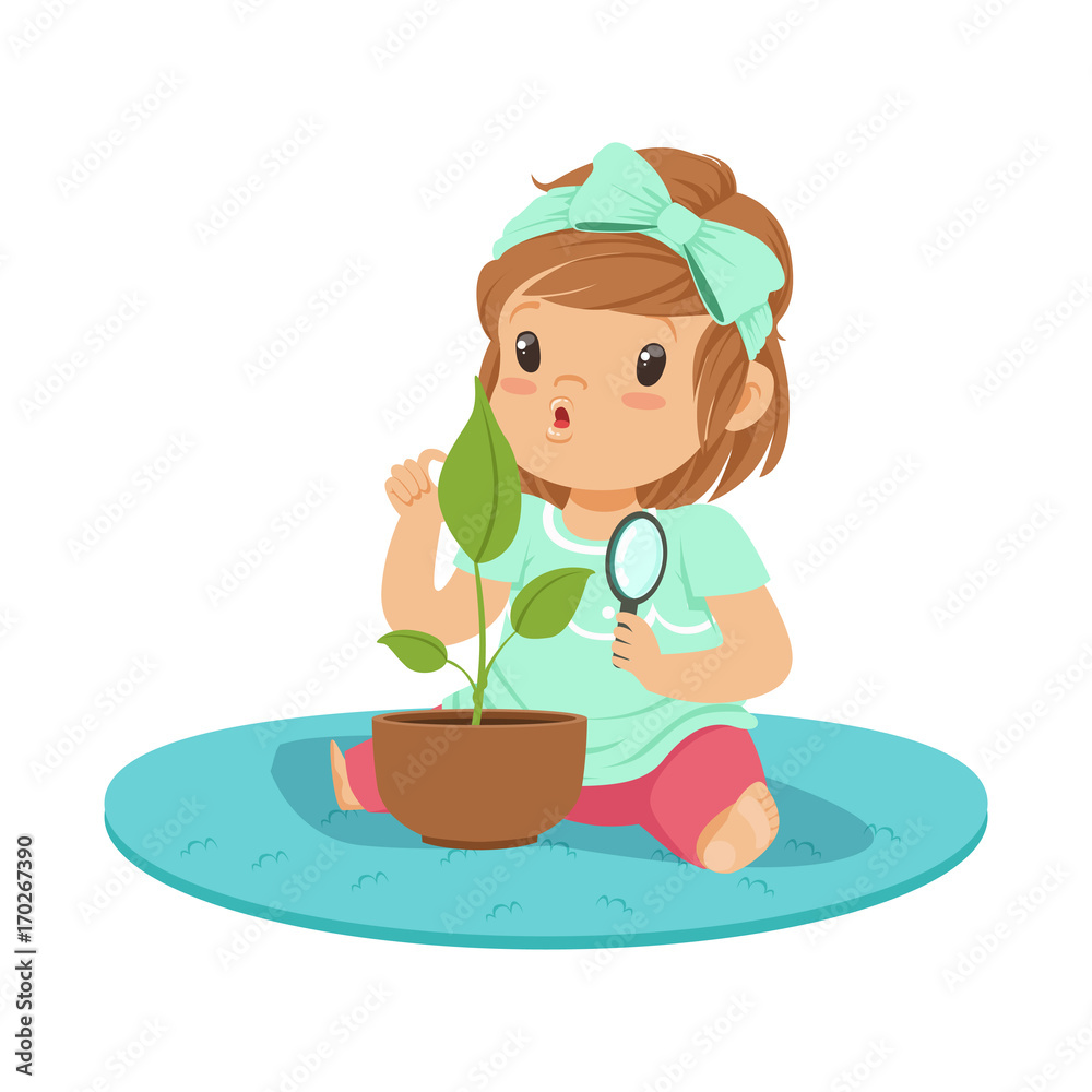 Sweet little girl sitting on the floor and examining a plant through a magnifying glass, lesson of botany in kindergarten cartoon vector Illustration Sweet little girl sitting on the floor and examining a plant through a magnifying glass, lesson of botany in kindergarten cartoon vector Illustration