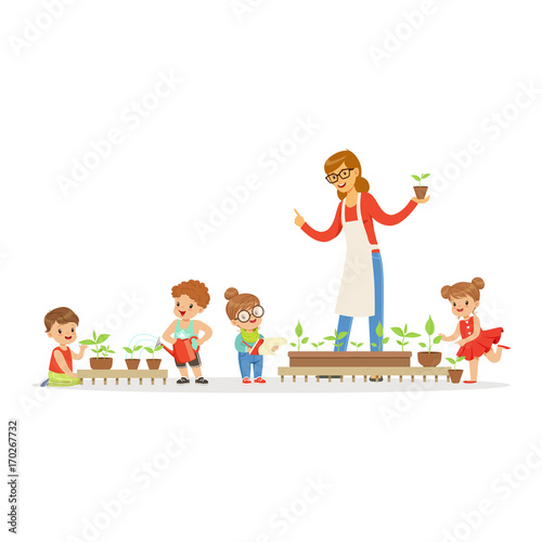 Friendly teacher explaining kids about plants during lesson of botany in kindergarten cartoon vector Illustration