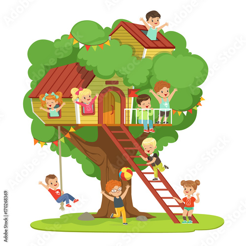 Kids having fun in the treehouse  childrens playground with swing and ladder colorful detailed vector Illustration