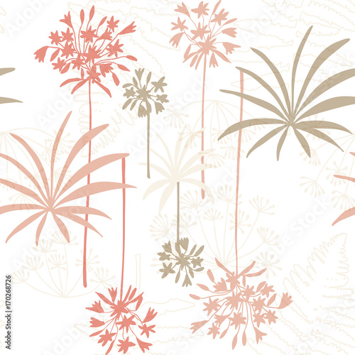 Floral vector seamless pattern with hand drawn dill and african lily flowers and fern leaves.