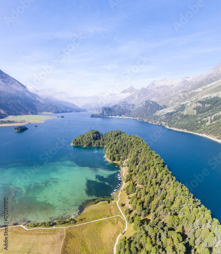 Canton of Grisons, Switzerland - Panorama view of Sils lake and the Swiss Alps, aerial photo in Engadine