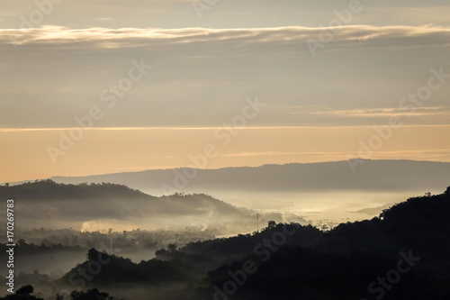 mountain with fog landscape on morning at phu pha duk, Nong Khai, Thailand.