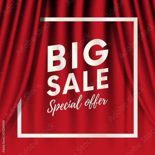 Big sale banner. Special offer. Realistic red curtain background. Grey gradient color frame in the middle. Vector illustration.
