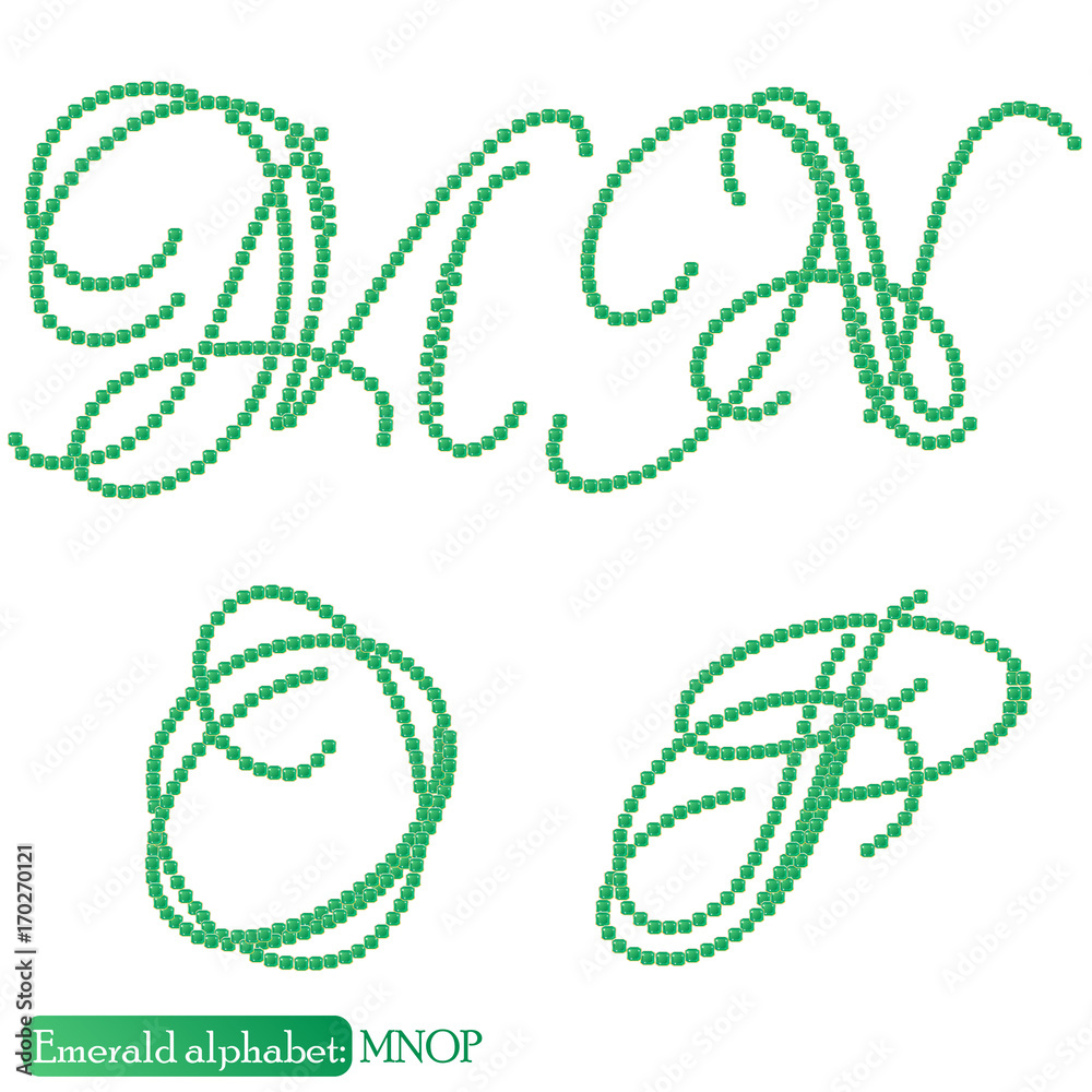 Φωτογραφία Jewelry alphabet with vintage capital letters from precious stone Emerald in realistic shapes in green color with silver edging