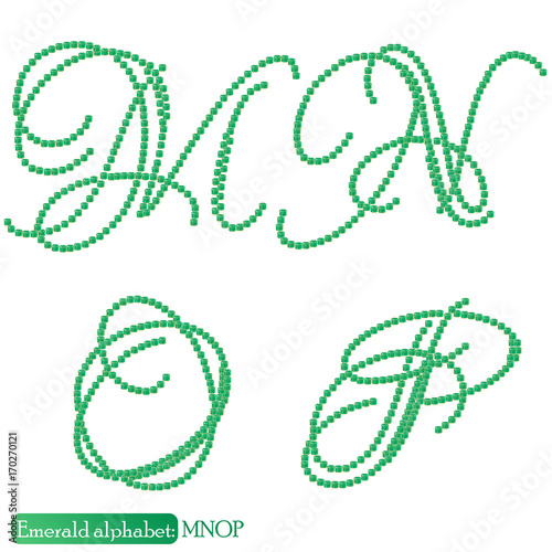 Jewelry alphabet with vintage capital letters from precious stone Emerald in realistic shapes in green color with silver edging. MNOP characters. Vector illustration