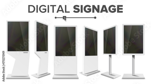 Digital Signage Touch Kiosk Set Vector. Display Monitor. Multimedia Stand. LCD High Defintion Digital Signage. For Restaurants Advertising Projects. Isolated Illustration
