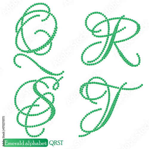 Jewelry alphabet with vintage capital letters from precious stone Emerald in realistic shapes in green color with silver edging. QRST characters. Vector illustration