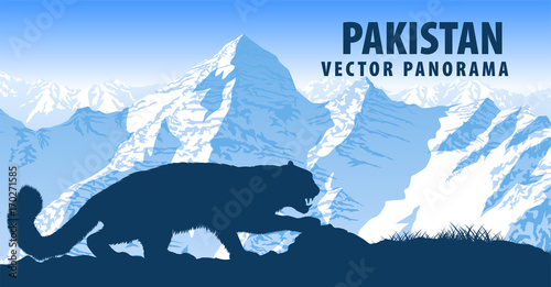 vector panorama of Pakistan with mountains snow leopard