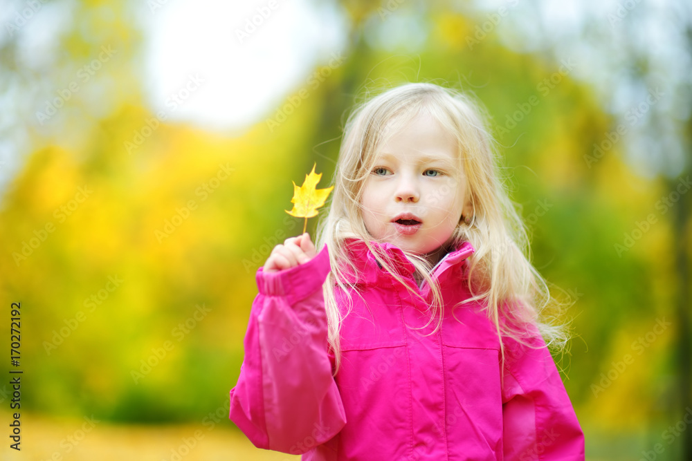 Cute little girl having fun on beautiful autumn day. Happy child playing in autumn park. Kid gathering yellow fall foliage. Cute little girl having fun on beautiful autumn day. Happy child playing in autumn park. Kid gathering yellow fall foliage.