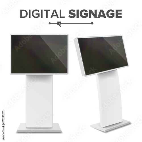 Digital Terminal With Touch Screen Vector. Interactive Digital Informational Kiosk. Digital kiosk LED Display. Isolated Illustration