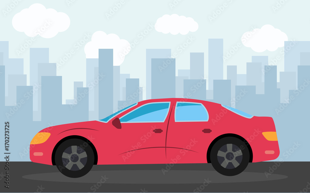 Red sports car in the background of skyscrapers in the afternoon.  Vector illustration.
