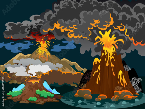 A set of volcanoes of varying degrees of eruption, a sleeping or awakening dangerous vulcan, salute from magma ashes and smoke fly out from volcano, lava flowing down the mountain vector illustration
