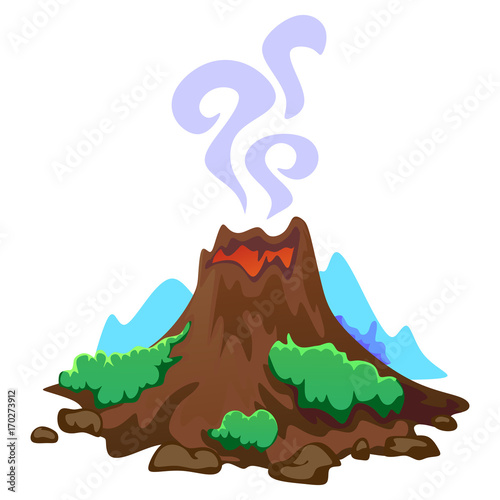 A set of volcanoes of varying degrees of eruption, a sleeping or awakening dangerous vulcan, salute from magma ashes and smoke fly out from volcano, lava flowing down the mountain vector illustration