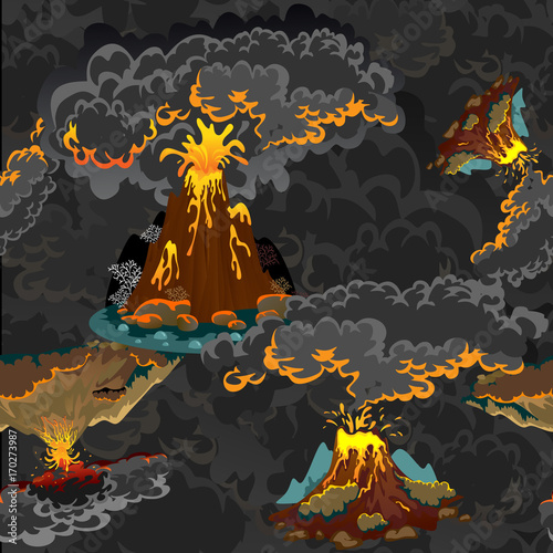 A set of volcanoes of varying degrees of eruption, a sleeping or awakening dangerous vulcan, salute from magma ashes and smoke fly out from volcano, lava flowing down the mountain vector illustration