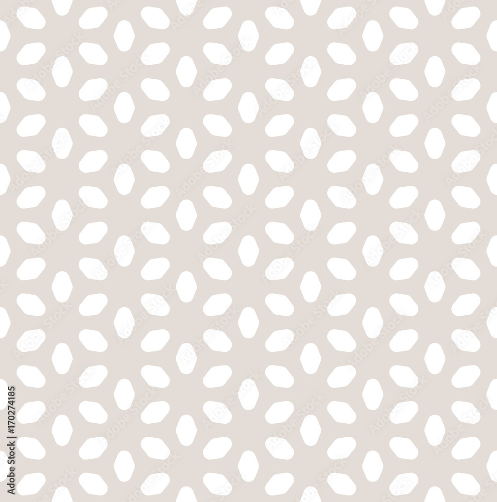 Vector seamless pattern in pastel colors, beige & white. Geometric minimalist texture with smooth flower silhouettes. Abstract ornamental background. Design element for prints, decor, fabric, textile
