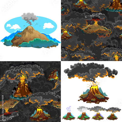 A set of volcanoes of varying degrees of eruption, a sleeping or awakening dangerous vulcan, salute from magma ashes and smoke fly out from volcano, lava flowing down the mountain vector illustration