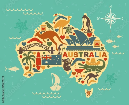 Stylized map of Australia with the symbols of Australian culture and nature