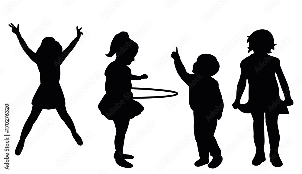  isolated silhouette of children play and dance