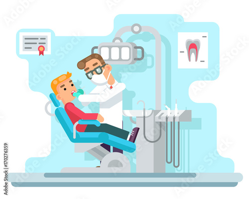 Dentist doctor hospital cabinet medical services patient flat design vector illustration