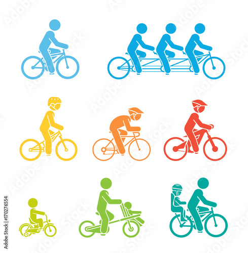 Set of pictograms presenting people riding various types of bicycles.