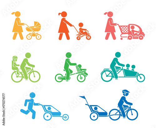 Parents and their kids on the move. Set of pictogram icons representing parents take a ride with their children on various types of bicycles and baby carriage.