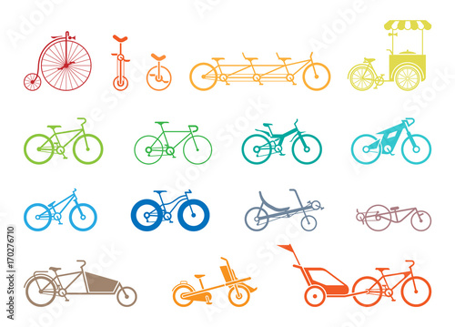Set of icons representing various types of bikes, modern, traditional, sport, extreme.
