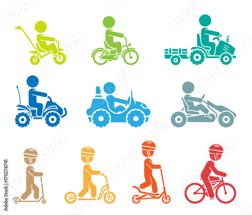Set of pictograms representing children riding all sorts of vehicles. Various types of bikes, cars and scooters. 