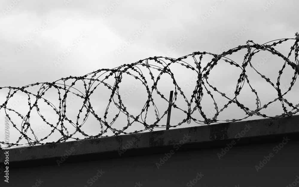 Concrete wall with barbed wire on fence Concrete wall with barbed wire on fence