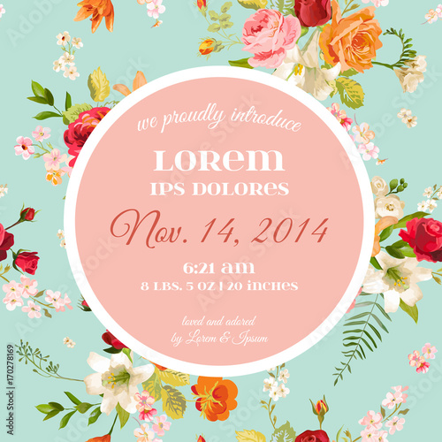Baby Shower Invitation Template. Floral Greeting Card with Lily and Orchid Flowers. Decoration for Childbirth Party Celebration. Vector illustration
