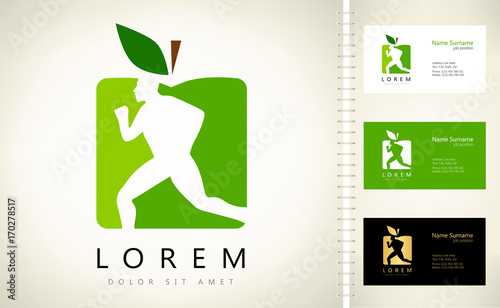 Man and apple logo. Diet and weight loss concept. Green apple.