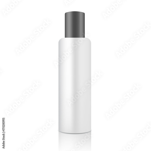 Mock up cosmetic white bottle with black lid for cream soap gel shampoo etc. Beauty product package template, vector illustration.