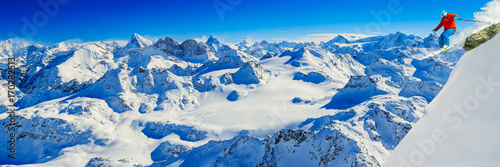 Skiing with amazing view of swiss famous mountains in beautiful winter snow  Mt Fort. The matterhorn and the Dent d'Herens. In the foreground the Grand Desert glacier.