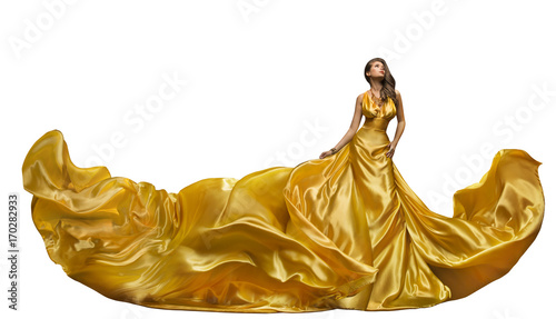 Fashion Model Dress, Woman Dance in Long Gown, Waving Golden Silk Fabric, Beautiful Girl on White