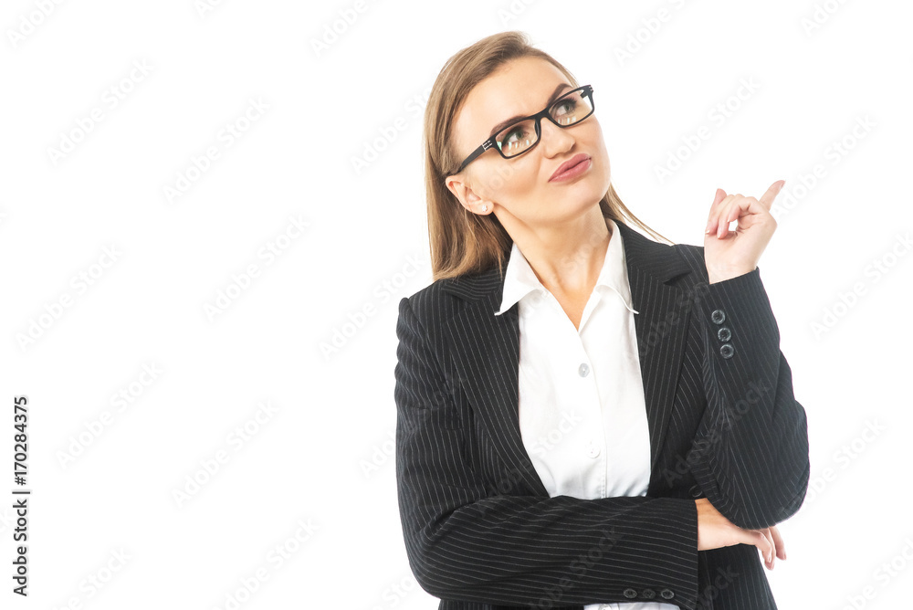 Business woman touching the screen with her finger. Isolated on white Business woman touching the screen with her finger. Isolated on white