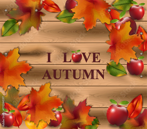 Autumn card leaves on wood background. Realistic Vector illustrations