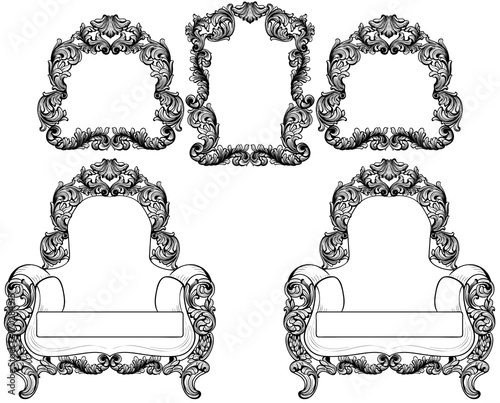 Armchair and vintage frames set collection vector. Baroque furniture and accessories. graphic line art