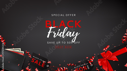 Dark web banner for Black friday sale. Top view on black gift box with satin bow and wallet on dark backdrop. Vector illustration with confetti, serpentine and advertising tags for seasonal offer.